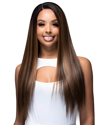 Long Straight Synthetic Wig – Natural Look Ombre Brown Middle Part Heat Resistant Fiber Hair for Women