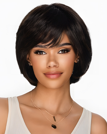 Short Natural Layered Bob Wig with Side Bangs – Soft Synthetic Wig for Black Women