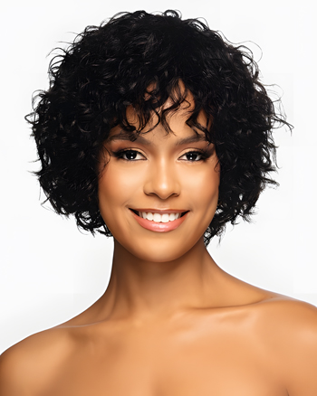 Short Curly Afro Wig with Bangs – Natural Black Fluffy Synthetic Wig for Women