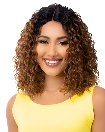 Shoulder Length Ombre Curly Synthetic Wig with Middle Part – Brown to Honey Blonde Heat Resistant Hair for Women