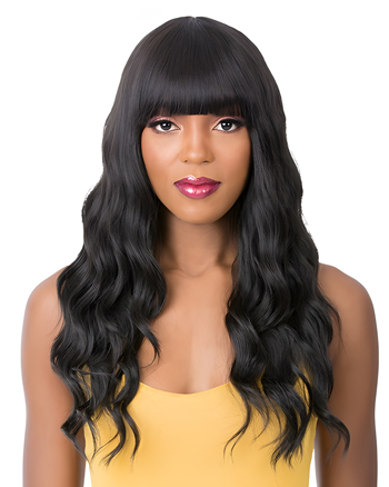 Long Wavy Synthetic Wig with Full Bangs – Natural Black Heat-Resistant Hair for Women