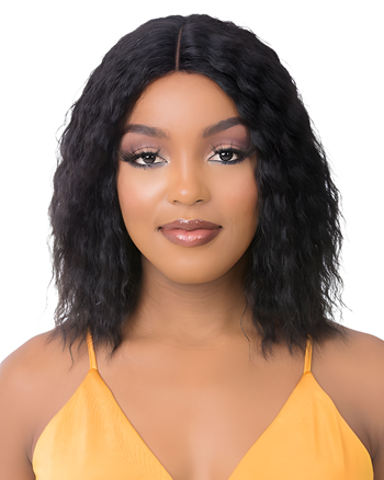 Natural Black Water Wave Synthetic Wig – Shoulder Length Middle Part Wig for Women