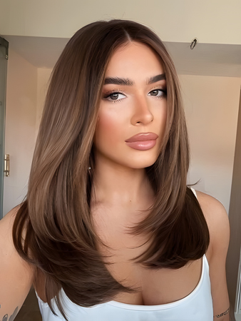 Straight Medium Brown Lace Front Human Hair Wig – Pre-Plucked, Natural Look