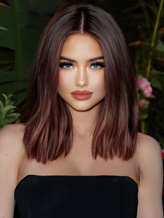 Straight Shoulder-Length Brown Highlight Lace Front Human Hair Wig – Natural Look, Middle Part