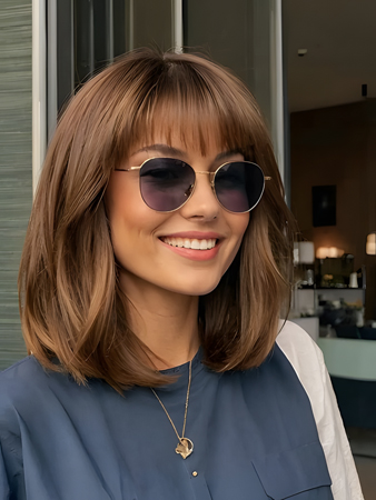 Shoulder-Length Brown Bob Lace Front Human Hair Wig with Bangs – Soft Straight Style