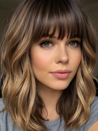 Shoulder-Length Wavy Ombre Brown Blonde Machine Made Human Hair Wig with Bangs