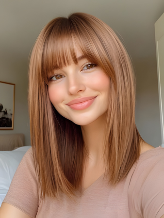 Straight Medium-Length Human Hair Wig with Bangs – Natural Front Lace Wig for Women