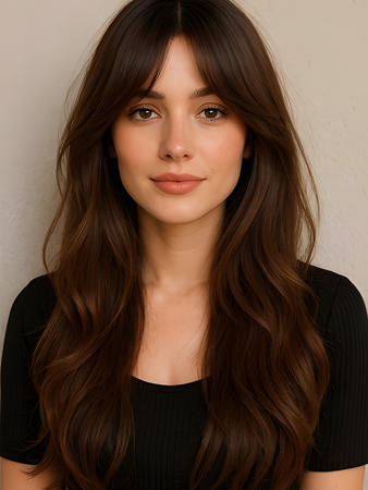 Brown Body Wave Human Hair Wig with Curtain Bangs – Natural Look Front Lace Wig for Women