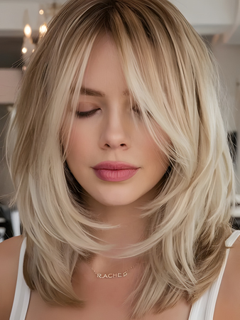 Layered Blonde Highlight Human Hair Wig – Front Lace Wig with Face-Framing Bangs for Women