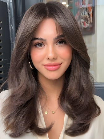 Natural Brown Layered Wig with Curtain Bangs – Medium Length Glueless Wig for Women