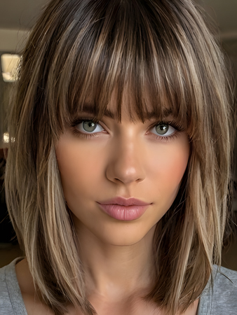 Blonde Highlighted Bob  Wig with Full Bangs – Medium Length Glueless Wig for Women