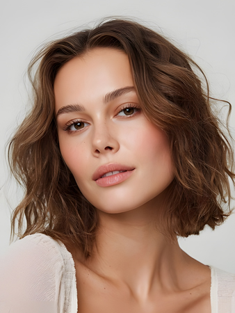 Short Wavy Highlighted Brown Wig – Machine Made Human Hair Wig with Bangs & Layered Beach Waves