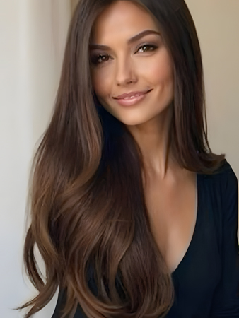 Natural Dark Brown Lace Front Wig – Long Wavy Human Hair Wig with Pre-Plucked Hairline