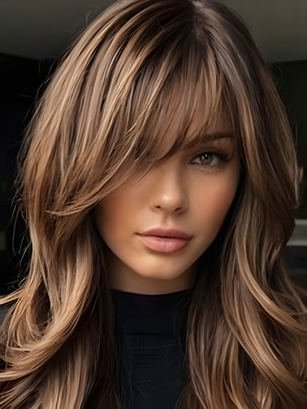 Layered Chestnut Brown Machine-Made Human Hair Wig – Golden Highlights with Side Bangs, Voluminous Loose Waves