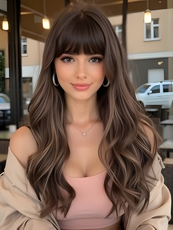 Long Wavy Lace Front Human Hair Wig with Bangs – Dark Brown Highlight, Natural Glueless Wig for Women