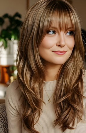 Long Wavy Lace Front Human Hair Wig with Full Bangs – Brown Blonde Highlight Glueless Wig for Women
