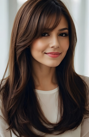 Medium Straight Lace Front Human Hair Wig with Side Bangs – Natural Dark Brown Glueless Wig for Women