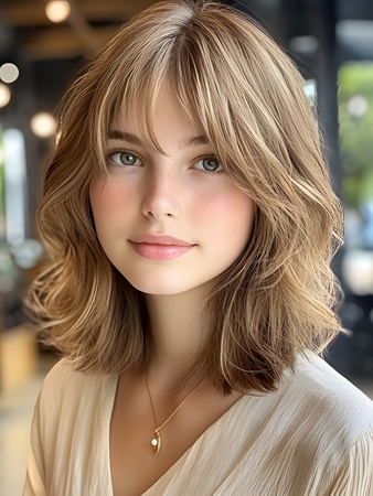 Short Wavy Human Hair Wig with Curtain Bangs – Light Brown Blonde Glueless Machine Made Wig for Women