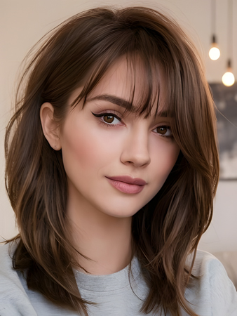 Brown Layered Machine Made Human Hair Wig – Medium Length Natural Wig with Bangs for Women