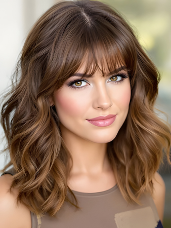 Medium Length Human Hair Lace Front Wig – Light Brown Wavy Wig with Bangs for Women