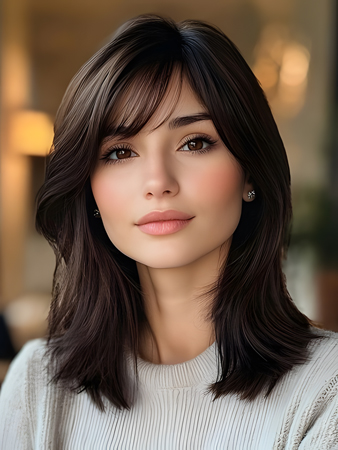 Natural Dark Brown Lace Front Human Hair Wig with Bangs – Medium Length Straight Wig for Women