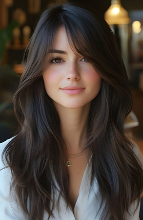 Long Wavy Human Hair Wig with Curtain Bangs – Natural Dark Brown Glueless Style