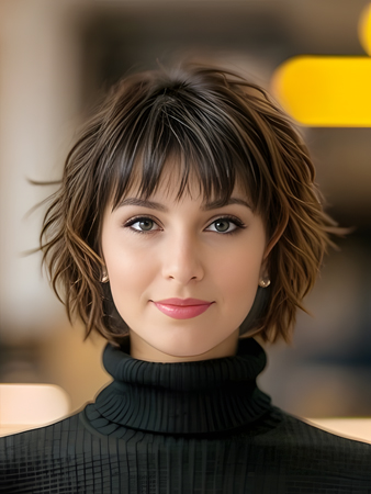 Short Wavy Human Hair Wig with Bangs – Tousled Bob in Light Brown with Highlights