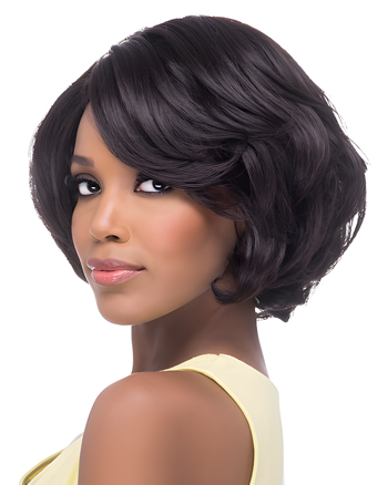 Short Layered Bob Wig with Side Bangs – Natural Black Volume Style