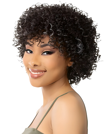 Short Curly Afro Wig with Gray Highlights – Fluffy Synthetic Capless Wig for Black Women