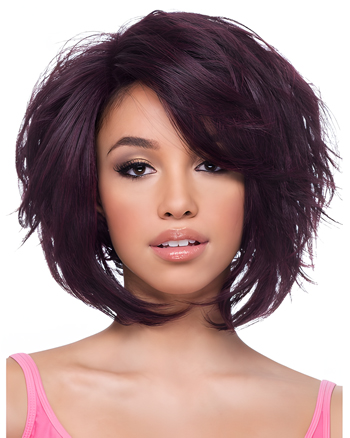 Volumized Layered Bob Wig – Dark Plum Synthetic Hair with Side Bangs