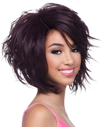 Volumized Layered Bob Wig – Dark Plum Synthetic Hair with Side Bangs