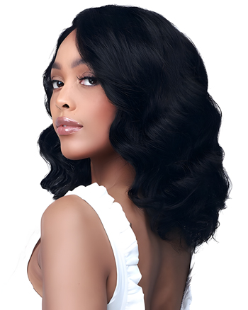 Natural-Looking Loose Wave Bob Wig – Shoulder-Length Black Synthetic Wig with Middle Part