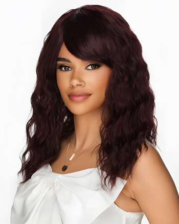Medium Wavy Wig with Side Bangs – Dark Burgundy, Natural-Looking Synthetic Hair