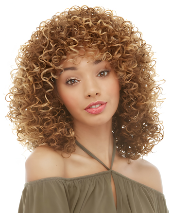 Women's Voluminous Curly Wig – Medium-Length, Golden Brown with Highlights, Natural-Looking Synthetic Hair