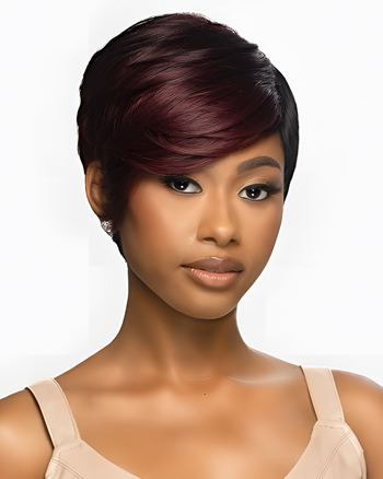 Short Pixie Cut Wig with Side Bangs – Burgundy Highlights, Heat-Resistant Synthetic Hair for Natural Look