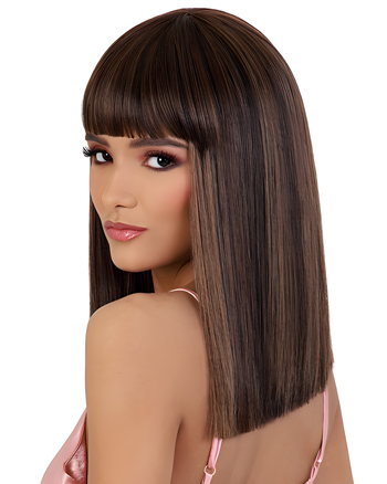 Sleek Straight Wig with Blunt Bangs – Natural Brown Highlighted Synthetic Hair