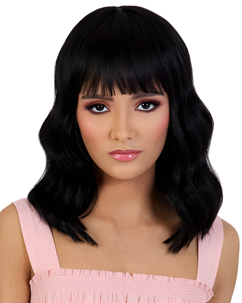 Natural-Looking Black Wavy Wig with Bangs – Shoulder-Length Synthetic Hair for Women