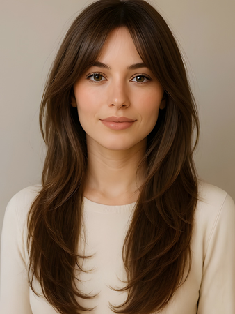 Layered Light Brown Machine Made Human Hair Wig – Natural Long Style with Curtain Bangs