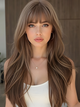 Long Ash Blonde Layered Machine Made Human Hair Wig with Bangs – Natural Wavy Style