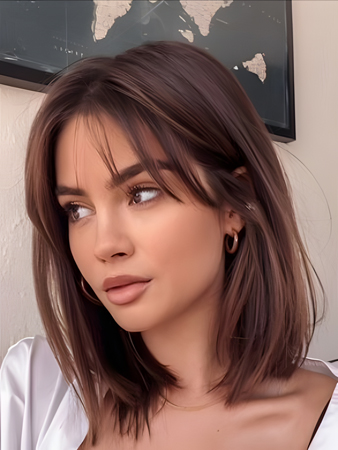 Short Bob Full Lace Human Hair Wig with Curtain Bangs – Natural Brown Glueless Wig for Women