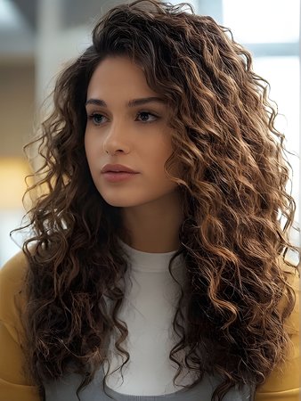 Long Curly Human Hair Lace Front Wig – Dark Brown with Highlights Natural Wig for Women