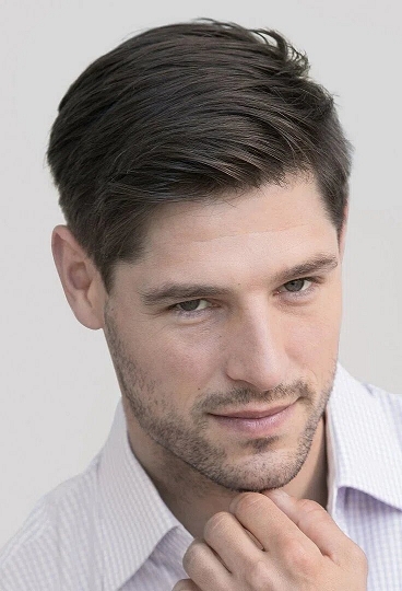 Men’s Classic Side Part Wig – Natural Dark Brown Short Hair for Professional Look