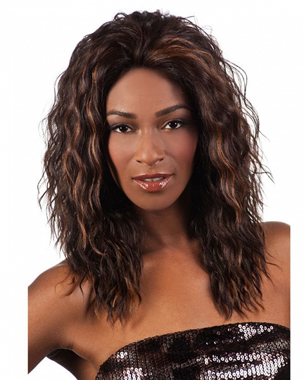 Long Wavy Wig with Highlights – Natural Black Brown Synthetic Hair, Middle Part