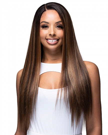 Long Straight Synthetic Wig – Natural Look Ombre Brown Middle Part Heat Resistant Fiber Hair for Women