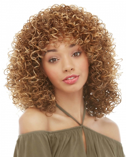 Women's Voluminous Curly Wig – Medium-Length, Golden Brown with Highlights, Natural-Looking Synthetic Hair