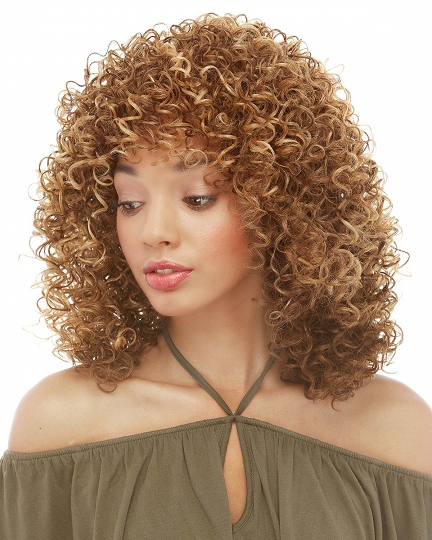 Women's Voluminous Curly Wig – Medium-Length, Golden Brown with Highlights, Natural-Looking Synthetic Hair