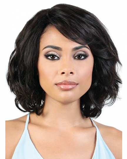 Natural Black Short Wavy Bob Wig with Side Bangs – Shoulder Length Synthetic Hair for Women