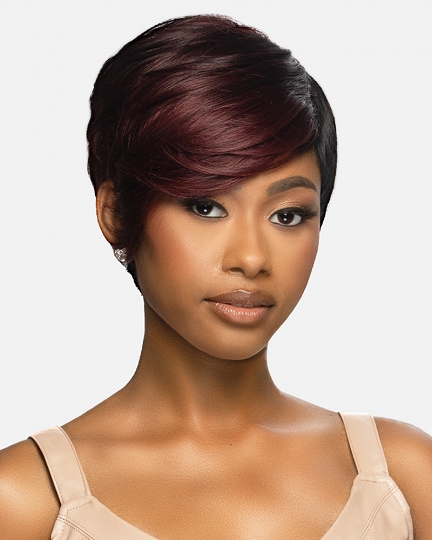 Short Pixie Cut Wig with Side Bangs – Burgundy Highlights, Heat-Resistant Synthetic Hair for Natural Look