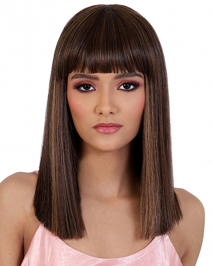 Sleek Straight Wig with Blunt Bangs – Natural Brown Highlighted Synthetic Hair
