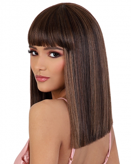 Sleek Straight Wig with Blunt Bangs – Natural Brown Highlighted Synthetic Hair
